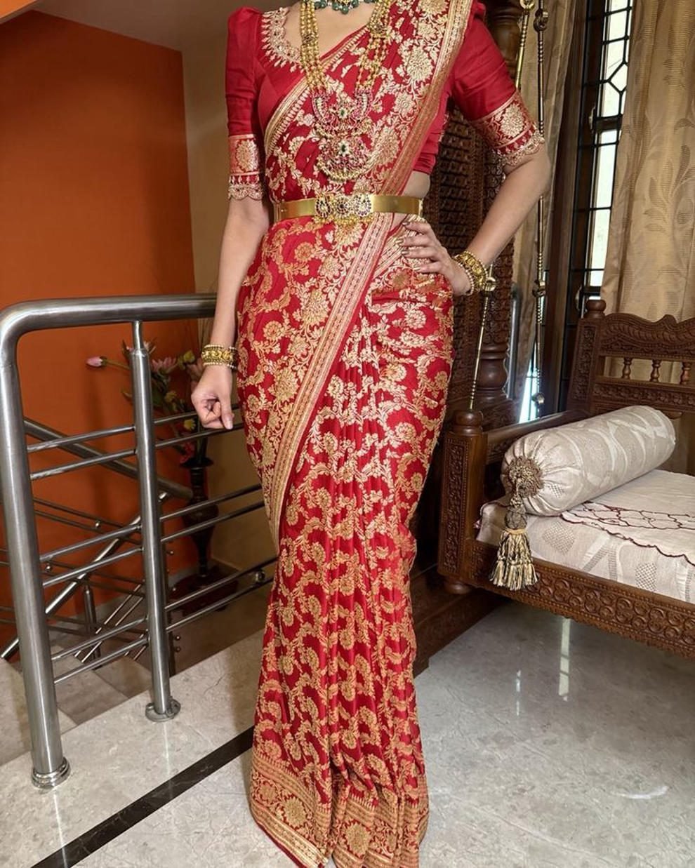 red kanjivarm banarsi silk